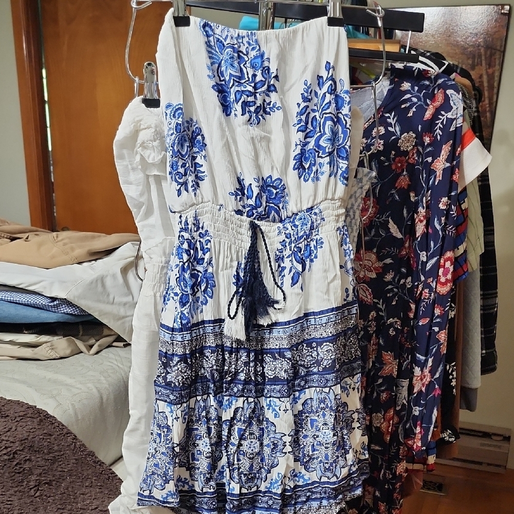 Xhilaration Blue and White Strapless Tiered Sundress